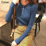 Korean Style Women Knitted Sweater 2023 Autumn Button Long Sleeve Sweaters Woman Turn Down Collar Ribbed Pullover