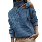 Off Shoulder Knitted Sweater Adjustable Buckle Twist Decor Long Sleeve One Turtleneck Pullover Sweater Female