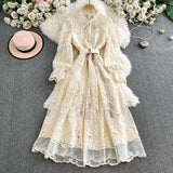 Retro Court Dress Heavy Industry Embroidered Wood Ear Repair Long Lace Dress High-End Exquisite
