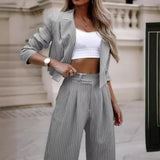 Toloer Women's Temperament Casual Stripe Short Lapel Suit Straight Pants