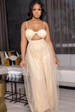 Sexy Strap Sleeveless Solid Mesh Hollow Out Full Length Loose