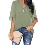Toloer Women's Women's Short Sleeve Elegant Casual Solid Color V Collar Chiffon Shirt Chiffon