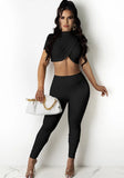 Sexy Stand Collar Short Sleeves Crop Top Solid Two Piece Pants