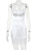 Women Square Neck Mini Dress Slim Sleeveless Strap Backless Lace Patchwork Flower Embroidery Solid Dress Club Vestido-Outfit