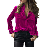 Autumn Pocket Shirt Long Sleeve Plain Satin Solid Single Breasted Women's Shirt Casual Pocket Patchwork Cardigan