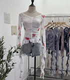 Real Shot One-×Ö Collared Shoulder Long-Sleeved Mesh Printing Top Irregularly Folded Lotus Leaves With Short T-Shirt