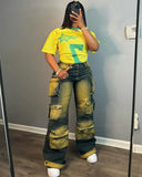 Women's Straight Jeans Women's Fashion Trend Personality Multi-Pocket Hanging High-Waisted