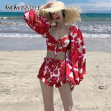 Print Two Piece Set Women Square Neck Lantern Sleeve Hollow Out Sexy Tops High Waist Shorts Suit Female