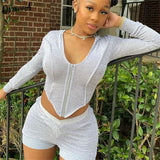 women tracksuit fitness long sleeve v-neck zipper crop top biker shorts two piece outfits sporty fitness slim