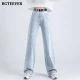 Casual Spring Women Solid Jeans Trousers High Waist Pockets Loose Female Wide Leg Denim Pants Ladies Floor-Length