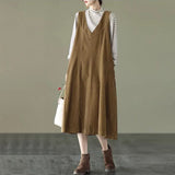 Corduroy Midi Vestidos Female Solid V Neck A Line Dresses Spring Vintage Lovely Robe Womens 2021 Fashion Tank Dress