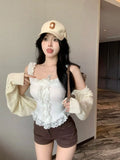 Temperament Babes White Slings Summer New Wear Lace Sexy Vest Short Sleeveless Top