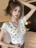 Sweet Embroidered Flower Short-Sleeved T-Shirt First Love Salt Summer New Lace-Up Short Cardigan