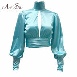Women Sexy Lace Up Bow Satin Blouse Turtleneck Shirt Backless Blouses Blusas Women Puff Sleeve Crop Top Spring
