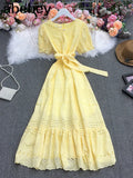 New Summer Women Temperament All-match V-neck puff sleeve Dress waist slim hollow out solid