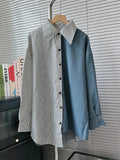 Women 2 Pcs Set Pu Buckle Knitted Shawl Vest Cardigan Stripes Asymmetric Spliced Denim Shirt Suits 2024 Summer New Fashion-Outfit