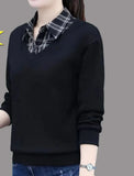 and Autumn Women's Pullover Polo Collar Button Plaid Contrast Panel Long Sleeve T-shirt Polo Bottom Fashion Casual Tops-Outfit