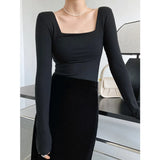 Long Sleeve Square Neck Fitted Tops Gray / Khaki / Black / White Spring Low Neck Women