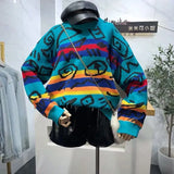 Retro Crazy Style Loose Pull Femme Graffiti Lover Rainbow Striped Knit Sweater O Neck Long Sleeve Patch