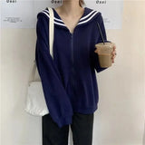 QWEEK Kawaii Black Zip Up Hoodie Women Sailor Collar Sweatshirt Japanese Streetwear Soft Girl 2021 Fashion Oversized