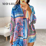 Summer Shirt Dress Women V Neck Y2K Print Blue Loose Blouse Long Sleeve Beach Sexy Party Casual Green