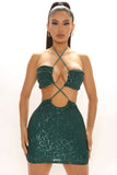 Sexy Sequins Backless Halter Sleeveless Midi