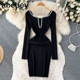 Slim Bodycon Knitted Dress Temperamant Long Sleeve bodycon Sweater Dress Square Collar Women Winter Short