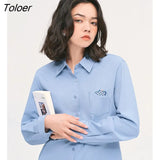 Women Shirts 2022 Autumn Long Sleeve Polo Neck Blouse Pattern Embroidery White Blue Chic Casual Streetwear