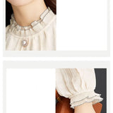 and Winter Women's Pullover Half High Neck Solid Button Bright Silk Spliced Petal Bubble Long Sleeve T-shirt Chiffon Tops-Outfit