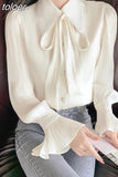 Mujer De Moda 2023 Sweet Blouse for Women Temperament Ladies Tops Bandage Bow Flare Collar Loose Korean Blouses