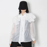 Solid Shirt For Women Peter Pan Collar Long Sleeve Lace Up Bowknot Button Through Blouse Female Clothing Style