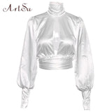 Women Sexy Lace Up Bow Satin Blouse Turtleneck Shirt Backless Blouses Blusas Women Puff Sleeve Crop Top Spring