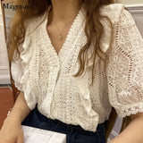 Sweet Lace Shirt 2021 V Neck Hollow Crochet Loose Women Tops Ruffle Stitching Blouse Short Sleeve Shirt and Blouse