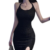 Women Bodycon Dress, Solid Color & Ruffle Halter Split Low Chest Hip Dress, Ladies Party/Bar/Club Mini Dress-Outfit
