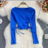 Women Fashion Korean Blouse Design Hollow Waist Long Sleeve O Neck Slim Tops Autumn Chic Streetwear Short Blouses
