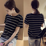 Toloer New Summer 2024 Korean Version Loose Large-Size Striped Short-Sleeved T-Shirt Women's Top Bottom Shirt Women's