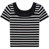 Knitted Blouse French U-Collar Striped T-Shirt New Summer Ice Silk Short-Sleeved Collarbone Bottomed Shirt-Outfit
