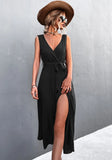 Romantic V-neck Sleeveless Solid Belted A-line Holiday