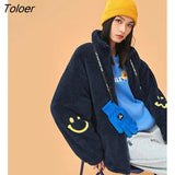 Women Fleece Thick Coat 2022 Winter Long Sleeve Stand Collar Loose Jacket Smiling Face Print Warm Casual Outwear