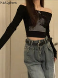 Woman Tshirts Slash Neck Long Sleeve Print Tees 2023 Ropa Mujer Harajuku Sexy Crop Tops Fashion Korean Casual Y2k T Shirt-Outfit