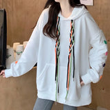 Deeptown Y2k Black Hoodie Women Rainbow Color Rope Sweatshirt Korean Style 2021 Oversize Long Sleeve Pullover Hip Hop Tops