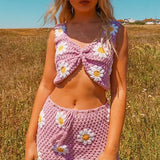 Floral Crochet Crop Cami Top and High Waist Split Skirt Summer Knitted Suit Beach Vacation Two Piece Set Women