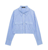 New Casual Loose Striped Short Style Shirt 2298084-Outfit