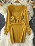 Women Korean Knitted Dress Long Sleeve V Neck Elastic Slim Pencil Dresses 2022 Autumn Sexy Bodycon Bottons Sweater