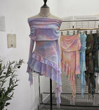 And Spicy Shoulder Dyed Printing Mesh Long-Sleeved Coat Folds Irregular Ribbon T-Shirt
