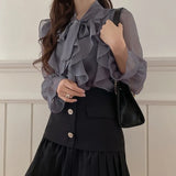 New Ruffles Chiffon Blouse Summer Office Lady Sweet Bow Tops 2021 Elegant Mesh Casual Long Sleeve Shirt Blusas