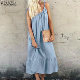 Bohemian Solid Ruffle Dress Women's Summer Sundress ZANZEA Casual Spaghetti Strap Midi Vestidos Female Holiday