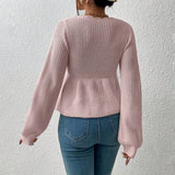 Women Hollow Sweaters Spring Autumn Clothes Knit Tops Solid Color Long Sleeve Drawstring Waist Pullover Sexy Club Knitwear-Outfit