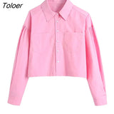 Women Simply Solid Color Double Pockets Patch Short Shirts Office Lady Long Sleeve Blouse Roupas Chic Chemise Tops