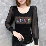 Women's Clothing Letter Printed Slim Blouse Spring Autumn Casual Long Sleeve O-Neck Commute Fashion Gauze Spliced Diamonds Shirt-Outfit